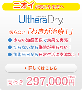 ニオイが気になる方へ UltheraDry 切らない「わきが治療」●少ない治療回数で効果を実感！●切らないから傷跡が残らない！●施術当日から日常生活に支障なし！両わき297,000円（税込）