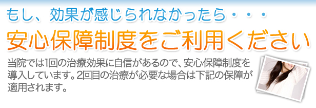 もし、効果が感じられなかったら・・・安心保障制度をご利用ください当院では1回の治療効果に自信があるので、安心保障制度を導入しています。2回目の治療が必要な場合は下記の保障が適用されます。